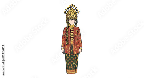 Traditional Indonesian Woman in Colorful Ornate Wedding Attire.