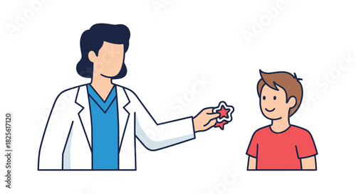 Doctor giving a star sticker to a happy young boy.