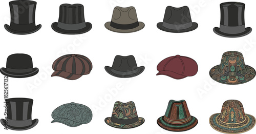 Flat vector illustration of fifteen stylish hats, top hats, fedoras, bucket hats, newsboy caps, fashion accessories, colorful headwear, trendy designs