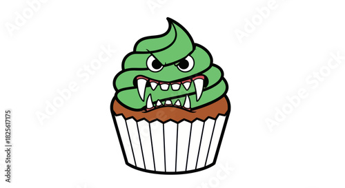 A cartoon monster cupcake with swirled green frosting angry eyes and sharp white fangs.