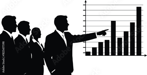 Business presentation silhouette, leader pointing at growth chart, corporate team watching, financial success analysis, vector illustration, black and white.Business presentation silhouette, leader 
