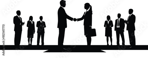 Business professionals handshake, corporate partnership concept, silhouette teamwork, career success, leadership deal, office collaboration, agreement, unity, growth, trust