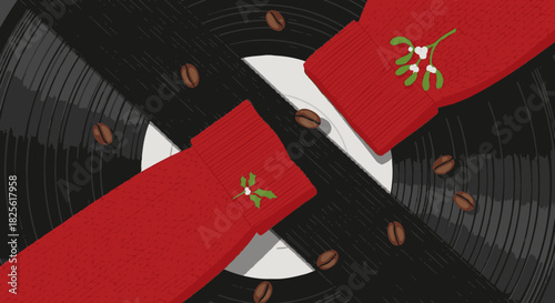 Two festive red sleeves adorned with mistletoe embroidery cross over a classic vinyl record, surrounded by aromatic coffee beans, evoking a cozy holiday atmosphere.