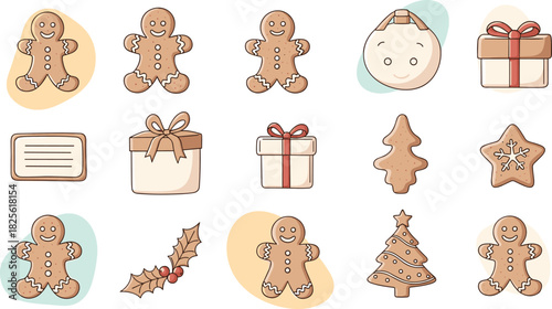 Gingerbread cookies, festive holiday treats, Christmas cartoon elements, pastel style decorations, flat vector illustration, seasonal clipart, cozy winter design pack