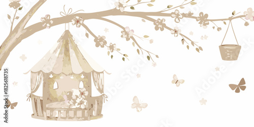 Watercolor treehouse with blossoms and butterflies on a white background
