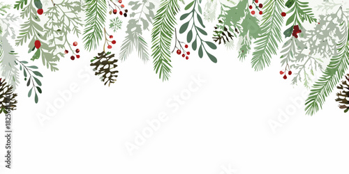 Festive winter foliage border with berries and cones on white