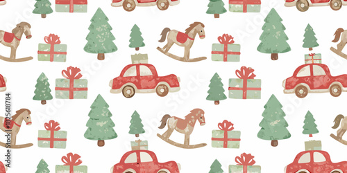 Watercolor christmas seamless pattern with trees car rocking horse and gifts