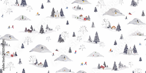 Winter landscape pattern with houses trees and people on white background
