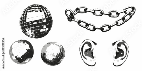Black and white abstract illustration of disco ball chain and ears