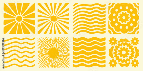 Retro yellow pattern collection with sunbursts waves and floral designs