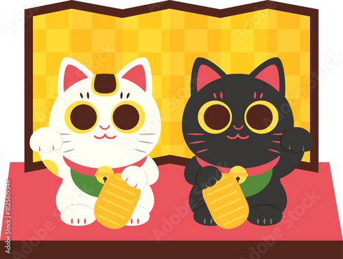 白と黒の招き猫と屏風