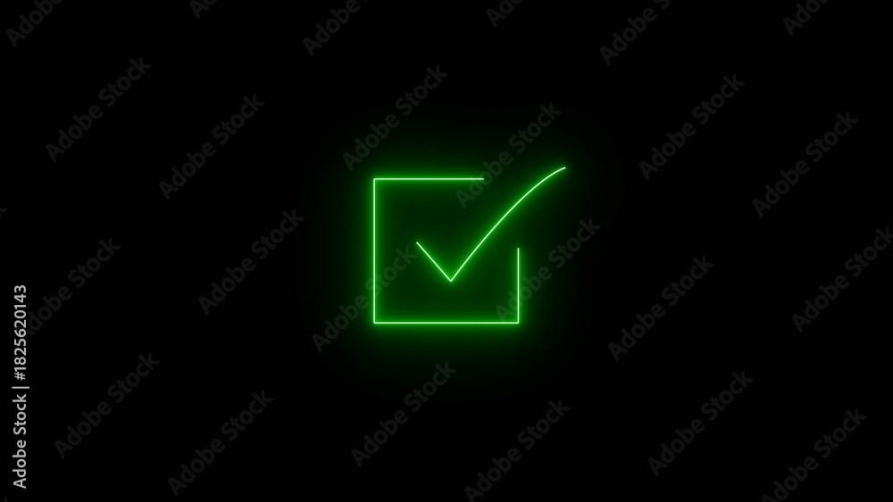 Naklejka premium Green neon check mark inside a square on black background tick