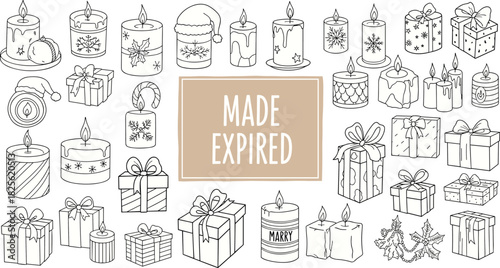 Hand drawn candles, wrapped gift boxes, festive decoration icons, humorous expired label, holiday sketch style, flat vector illustration