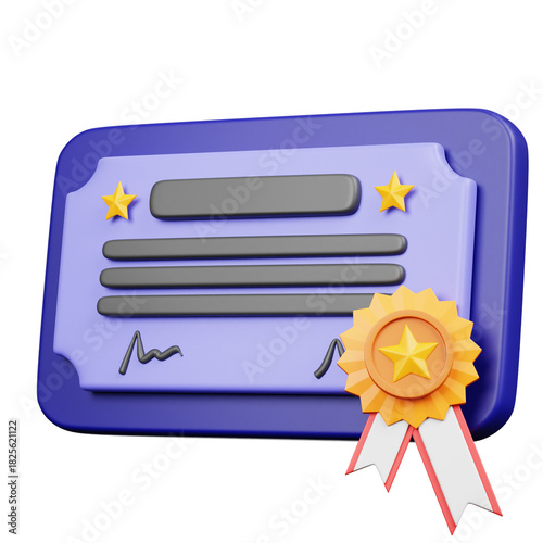 3D Cartoon Style Detailed Certificate of Achievement with Ribbon and Stars