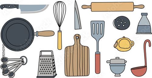 Kitchen utensils set, colorful cooking tools, knife, whisk, pan, spatula, rice cooker, teapot, flat vector illustration