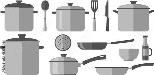 Kitchen utensils and cookware set, cooking pots, pans, ladle, knife, strainer, flat design tools, culinary vector pack, flat vector illustration