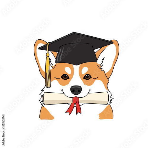 Cute Corgi Dog Wearing Graduation Cap Holding Diploma Scroll.