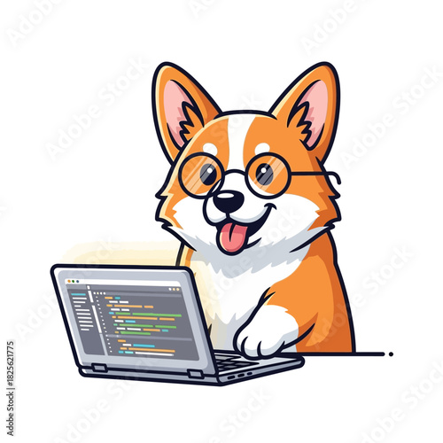 Cute Corgi Dog Wearing Glasses Working on a Laptop Computer.