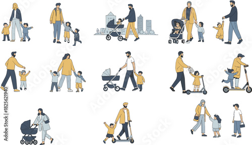 Urban parenting, family care, city lifestyle, walking with kids, stroller ride, playful bonding, modern family, outdoor activity, flat vector illustration
