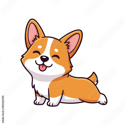 Adorable cartoon corgi puppy stretching with a happy smile.