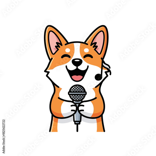 Adorable Corgi Dog Singing with Microphone Cartoon Illustration.
