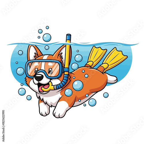 Adorable Corgi Dog Snorkeling Underwater with Goggles and Flippers.