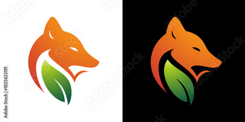 fox and green leaf logo vector illustration