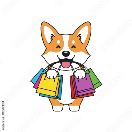 Cartoon Corgi Dog with Shopping Bags Illustration.