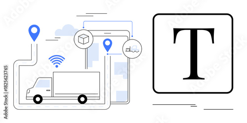 Delivery truck navigating route with GPS pins, wireless signal, and connected devices. Ideal for logistics, supply chain, technology, delivery, transportation innovation smart solutions. Clean flat