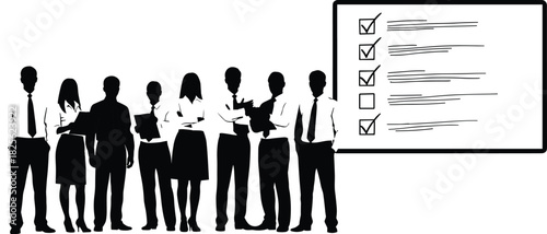 Silhouette of professional business team standing near checklist, concept of human resources, project completion, task management, and successful strategy