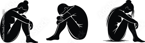 Vector silhouette set of depressed people sitting on floor, hugging knees, representing sadness, mental health, loneliness, despair, anxiety, and grief