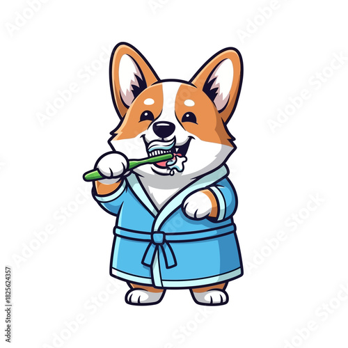 Cute corgi dog brushing teeth wearing a blue robe.