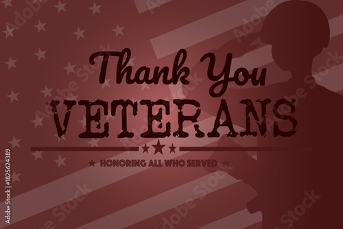 Thank You Veterans illustration banner with soldier silhouette against dark American flag background 
