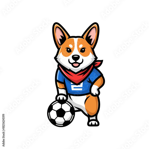 Cute Corgi dog mascot character playing soccer.