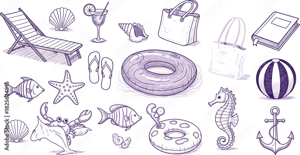 Obraz premium Beach vacation icons, summer leisure items, hand drawn sketch style, purple tone illustration set, flat vector illustration