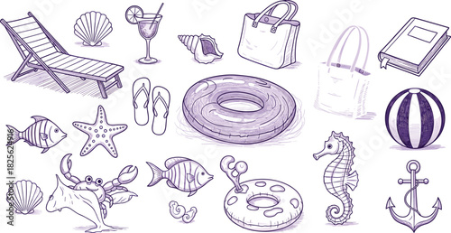 Beach vacation icons, summer leisure items, hand drawn sketch style, purple tone illustration set, flat vector illustration