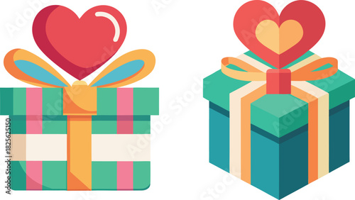 Joyful Gifts for a Special Someone: Two exquisitely decorated gift boxes, each crowned with a radiant heart. A visual celebration of love, care, and anticipation.