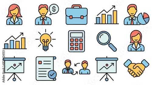 Business icons set, including people, growth charts, light bulbs, documents, teamwork symbols, strategy concepts, analytics visuals, innovation ideas, and professional office illustrations for corpora