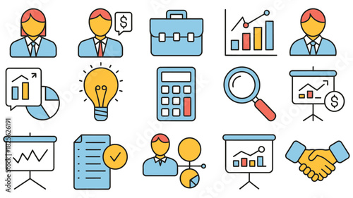 Business icons set featuring people, growth charts, light bulbs, documents, teamwork symbols, strategy concepts, analytics visuals, innovation ideas, and professional office illustrations for 