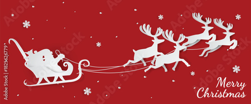 Santa claus flying in sleigh with reindeer on a red christmas background