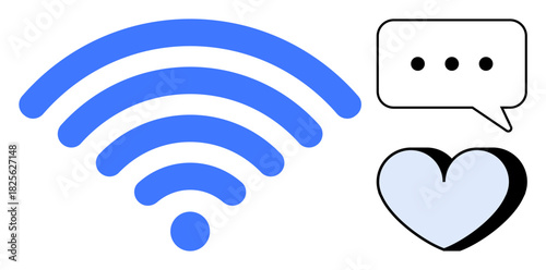 Blue wireless signal, speech bubble with three dots, and heart shape representing connection, communication, support, love, networking, relationships and online engagement. Ideal for digital