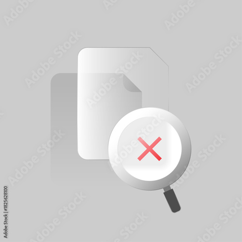 Modern liquid glass style illustration of missing document icon with magnifying, cross mark. file not found, document missing, data error, no results, broken link, system warning. empty state ui