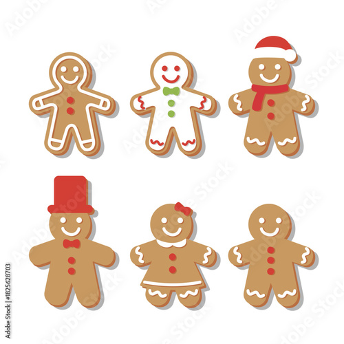 Cute set of Christmas gingerbread cookies in vector style featuring smiling gingerbread men and women decorated with icing details, festive accessories like Santa hat, scarf, bow tie, top hat, and hol