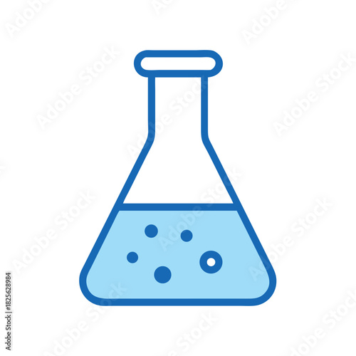 Laboratory Erlenmeyer flask filled with liquid on black background