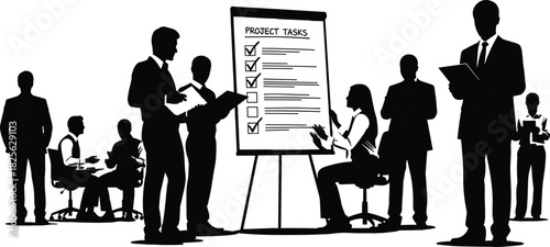Silhouette of business team reviewing project tasks on whiteboard, corporate planning meeting with checklist, vector illustration