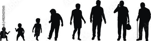 Silhouette of male life cycle stages, from baby to senior man with cane, human aging, growth, and development concept.