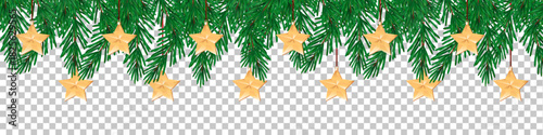 A festive garland of green pine branches adorned with golden star-shaped ornaments, perfect for holiday decorations.