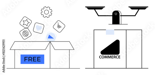 Open box with Free label releasing icons of apps, gear, and heart beside a closed Commerce package balanced on scales. Ideal for business, marketing, e-commerce, decision-making, branding, product