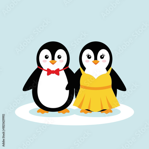 Two Adorable Cartoon Penguins Dressed Up for a Special Occasion.