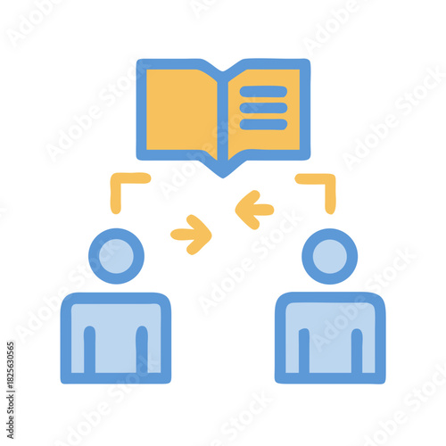 Conceptual illustration of knowledge transfer between people with open book